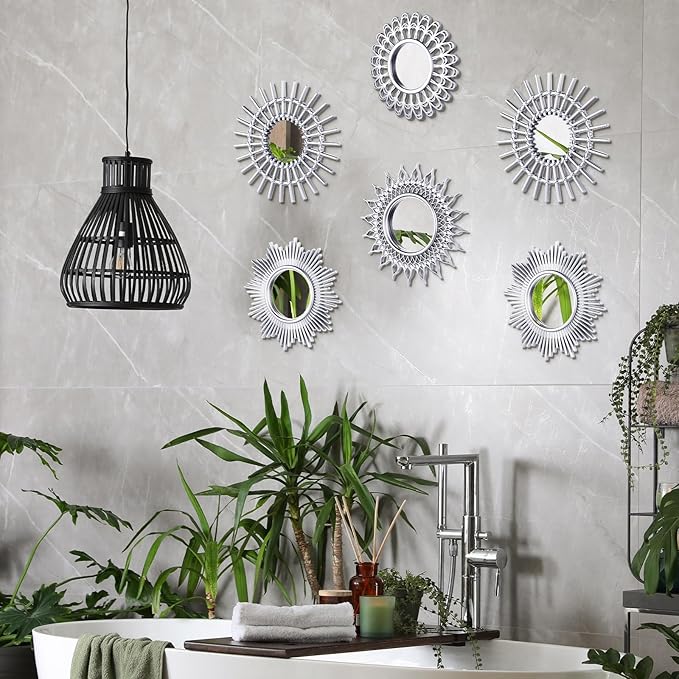Namalu 6 Pcs Mirrors - Small Circle Sun Mirrors for Decorative Wall Art - Entryway, Bathroom, Bedroom, Living Room (Silver, Classic)