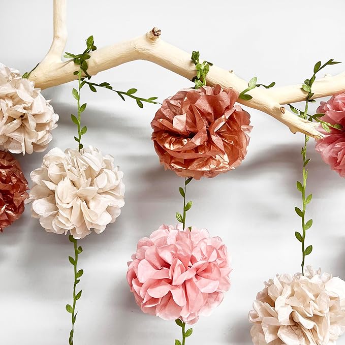 Dusty Pink Party Decorations Rose Gold Dusty Pink Beige Tissue Paper Flowers Pom Pom with Leaf Ribbon Hanging Garland Streamer for Birthday Baby Shower Wedding Bridal Shower Engagement Party Supplies
