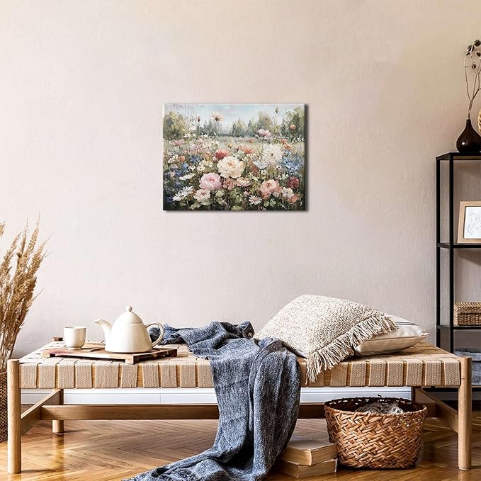 Vintage Flower Wall Art Pink Roses Wall Decor for Bathroom Farmhouse Landscape Canvas Prints Rustic Colorful Flower Pictures Wall Decor Wildflower Artwork Living Room Bedroom Home Decoration 12x16"