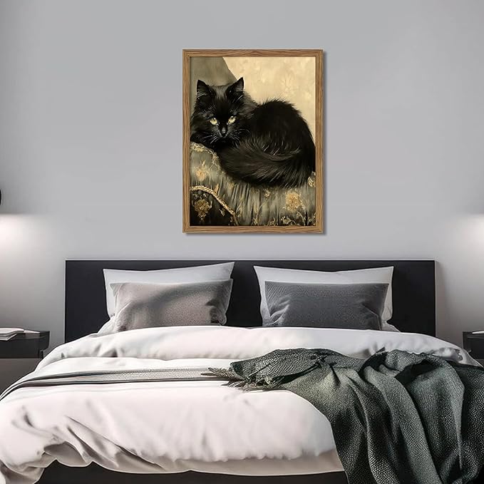 Black Cat Wall Art Framed, Vintage Cat Painting Print, Classical Animal Canvas Wall Decor, Rustic Cottagecore Aesthetic Pictures for Living Room Bedroom Home – 8x10 inch