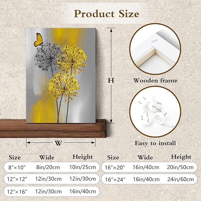 LB Yellow Dandelion Canvas Wall Art Yellow Grey Dandelion with Butterfly on Modern Abstract Wall Art Aesthetic Wall Decor for Living Room Bedroom Bathroom Office Framed Ready to Hang 20L x 16W