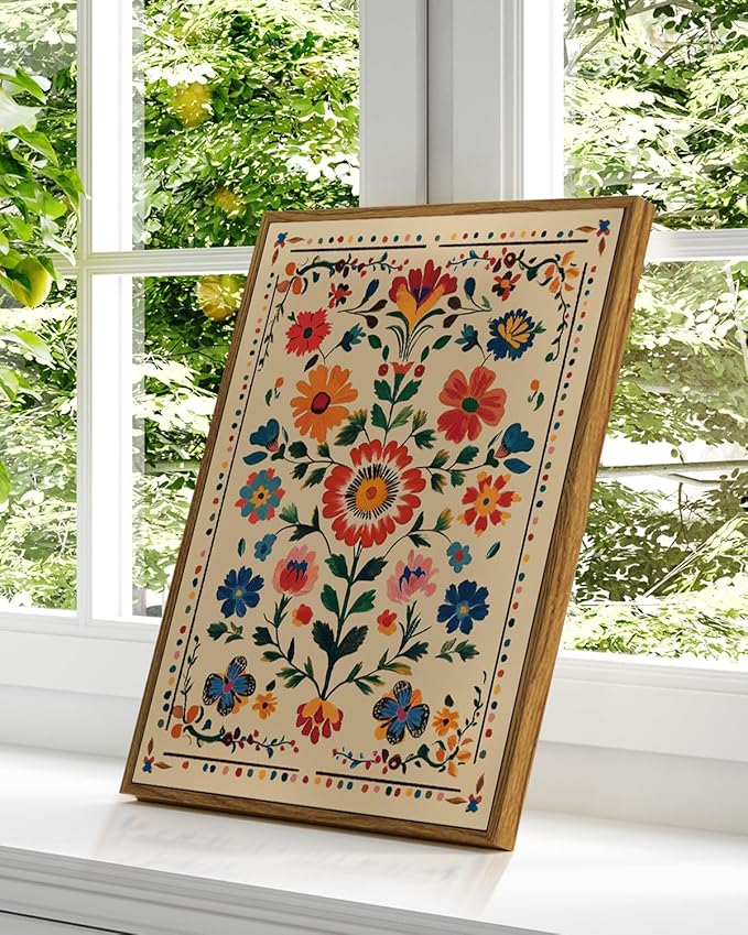 Vintage Floral Framed Canvas Wall Art 12x16 Colorful Flower Painting, Tropical Botanical Nature Boho Bright Vibrant Floral Print, Mexican Traditional Latin Bedroom Home Office Décor