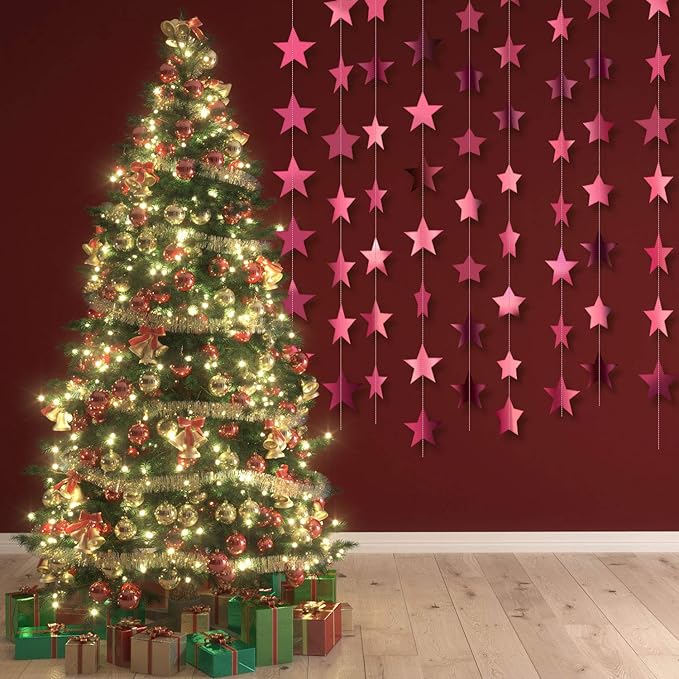 Patelai Glitter Star Garland Banner 2026 Graduation Decor 130 Feet Star Hanging Banner Twinkle Backdrop for Party Birthday Classroom Wedding Supplies(Rose Pink)