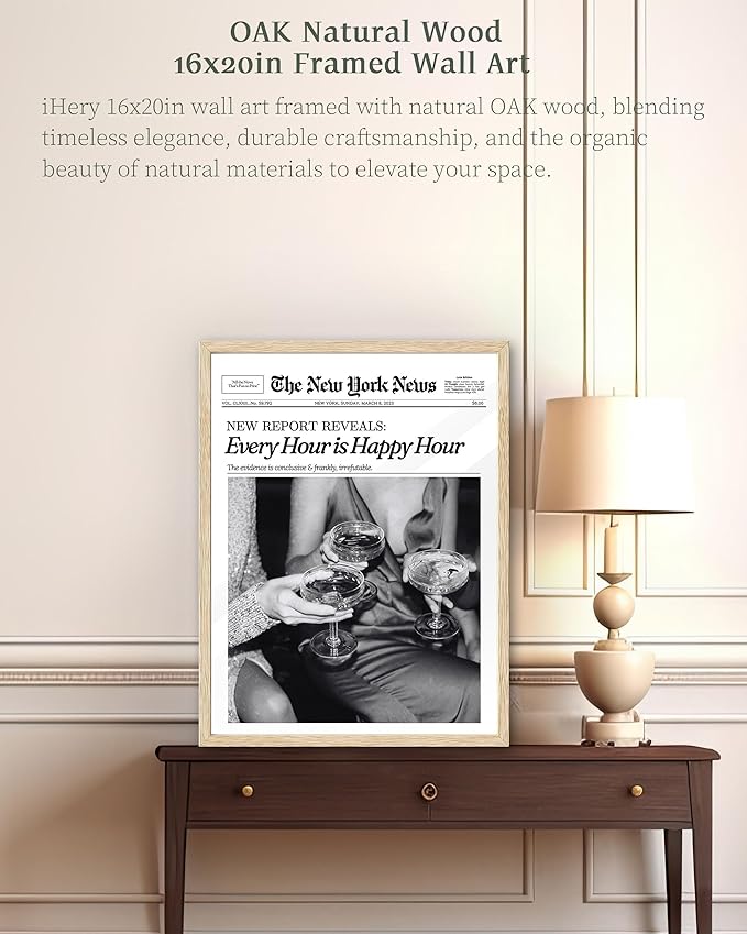 iHery Every Hour is Happy Hour Framed Trendy NewsPaper Wall Art, Natural OAK Wood Large 16x20in Canvas Wall Decor For Bedroom, Retro New York News Prints for Girl Dorm Living Room Home 1Pack
