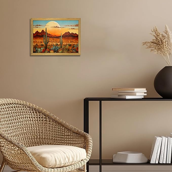Framed Western Desert Sunset Cactus Wall Art, Vintage Southwest Nature Landscape Canvas Print, Rustic Wall Decor Picture, Boho Mexican Oil Painting for Living Room Bedroom Office bathroom 12x16 Inch