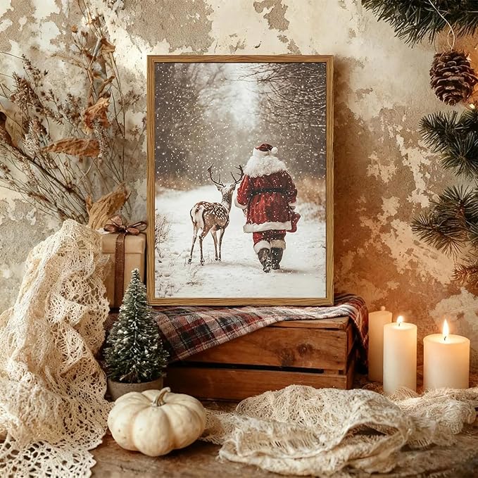 Framed Vintage Christmas Canvas Wall Art, Santa Claus Reindeer Snowy Forest Wall Decor Paintings, Rustic Winter Holiday Aesthetic Pictures Prints Xmas Home Decor for Living Room Bedroom 12×16 inch