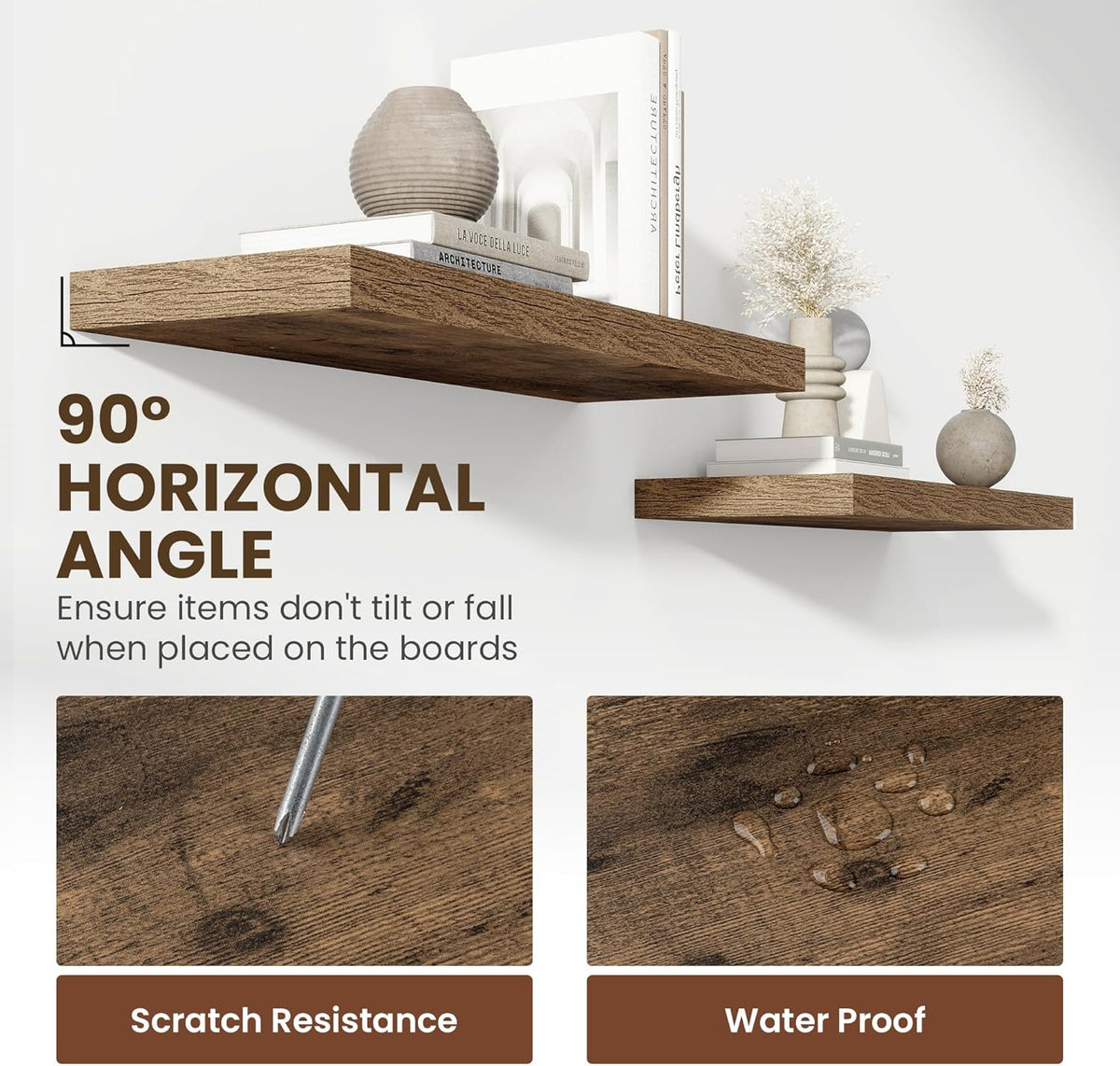 36 Inch Floating Shelves, 11.6 Inch Deep Floating Shelves for Wall, Floating Shelf with Invisible Brackets, Deep Shelves for Bathroom, Bedroom, Living Room, 2 Pack, Brown