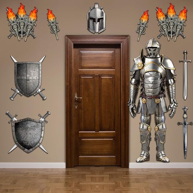 15 Pieces Medieval Party Decorations 6 Feet Jointed Suit of Armor Knight Cut Out Torch Props Medieval Shield Photo Prop for Castle Knight Renaissance Christmas Birthday Wall Decor Supplies Favors