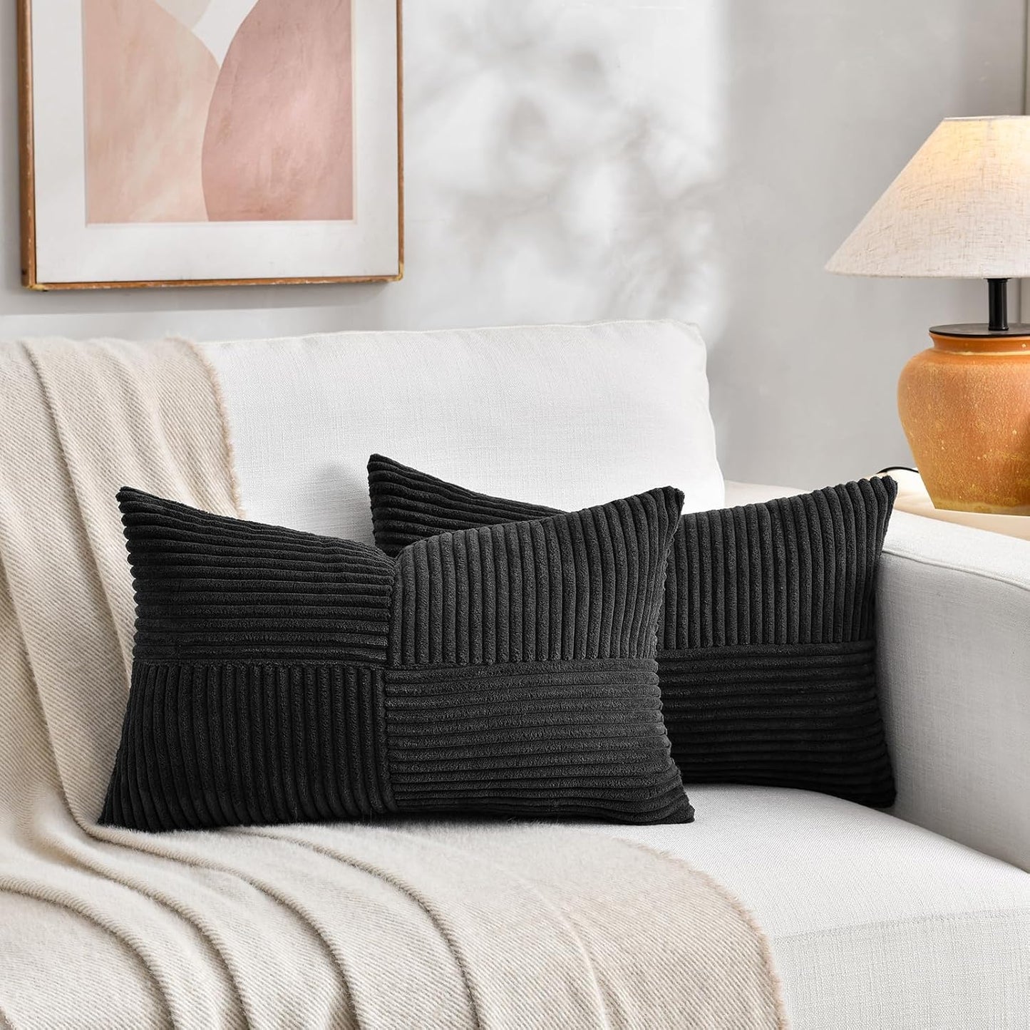 Fancy Homi 2 Packs Black Long Lumbar Decorative Throw Pillow Covers 16x24 Inch for Couch Bed Sofa, Rustic Farmhouse Boho Home Decor, Soft Striped Corduroy Rectangle Accent Cushion Case 40x60 cm