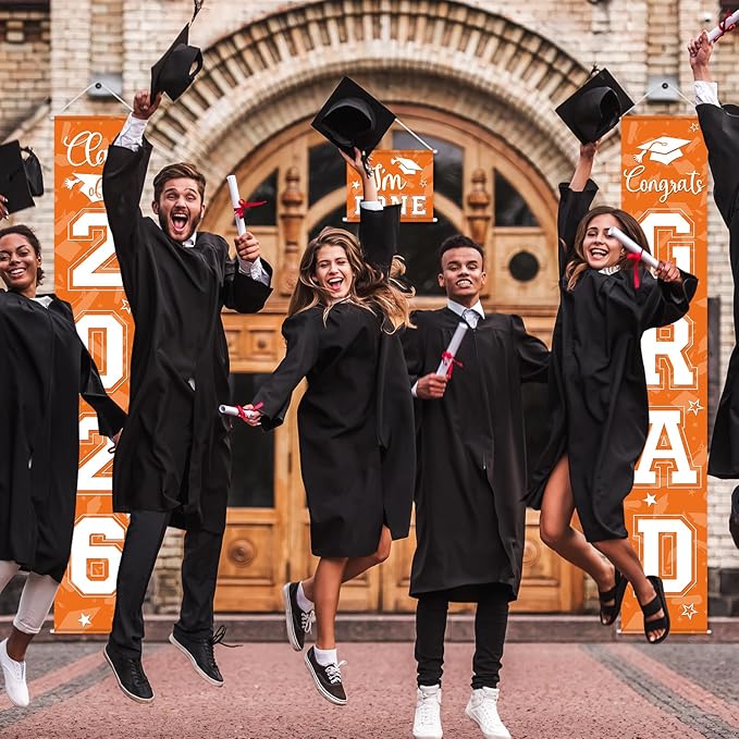 Moukeren 3 Pieces 2026 Graduation Party Decorations Graduation Porch Sign Class of 2026 Grad Hanging Porch Banner Backdrop Door Sign for Grad Party Home Door Wall Decor(Orange)