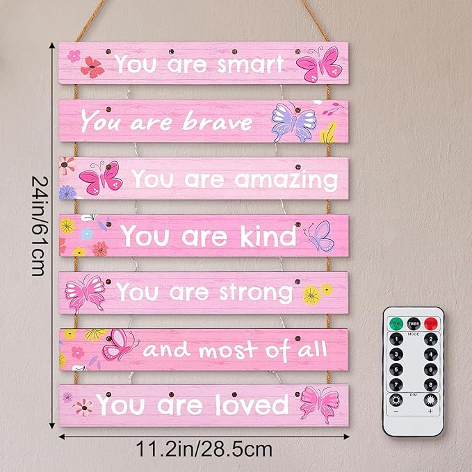 FIOBEE Girls Room Décor for Teen Girls Boys with LED Light Wall Decor for Bedroom Motivational Inspirational Wall Art Room Decoration for Kids Studyroom, 8 Kinds of Lights, Light Pink Butterfly