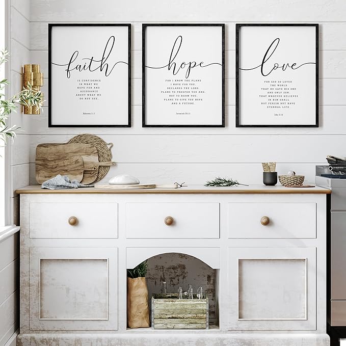 Houmury 3PCS Framed Faith Hope Love Bible Verses Wall Art Farmhouse Religious Quotes Wall Decor Inspirational Wall Art (Black, 16"x24")