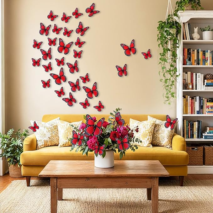 Chuangdi 48 Pcs Red Monarch Butterfly Decorations 3 Size Fake Butterflies Realistic Butterfly Craft Artificial Mariposas Wall Decor for Craft Wedding Home Birthday Party (3.2inch,4inch,4.7inch)