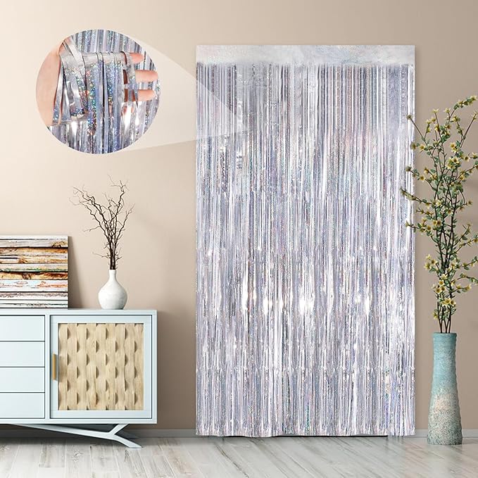 Silver Party Streamers 2Pack Metallic Tinsel Foil Fringe Curtains 3.3X 8.3ft Party Decors for Photo Booth Photoshoot Bridal Shower Engagement Disco Bachelorette Party Decors Streamers for Christmas