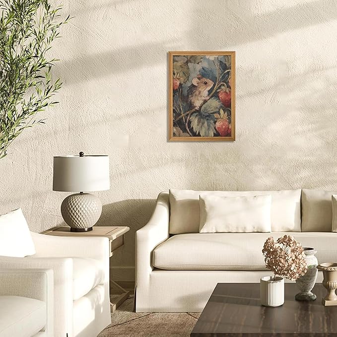 3D Textured Framed Vintage Mouse Wall Art, Whimsical Cottagecore Animal Wall Decor Painting, Rustic Farmhouse Forest Sandstone Artwork Picture for Nursery Living Room Bedroom 16x24 Inch