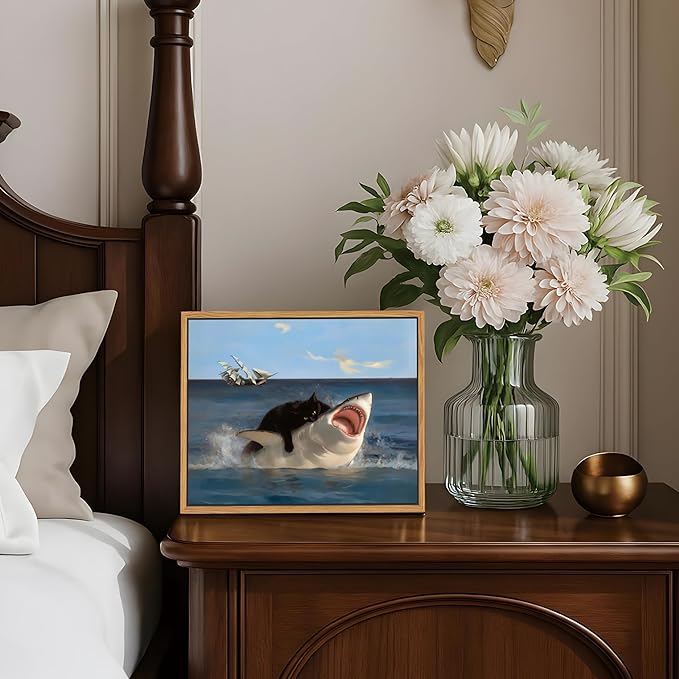 Floating Framed Black Cat Wall Art, Funny Quirky Cat and Shark Pictures Canvas Print, Abstract Black Cat Shark Posters Wall Decor for Room Bedroom Living Room Bathroom Aesthetic 8x10 inch
