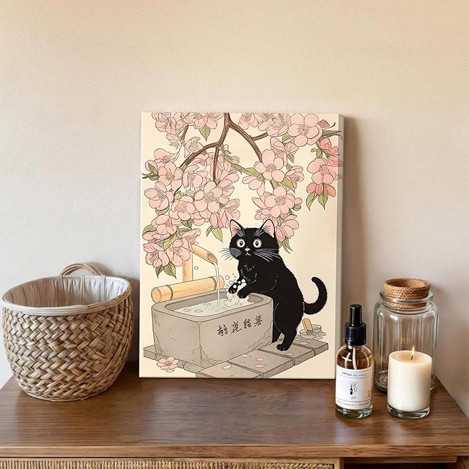 Funny Japanese Bathroom Wall Art Set of 3, Whimsical Black Cat Bathroom Wall Decor Painting Cute Japan Animal on Toilet Reading Poster Canvas Prints 12x16 inch Framed