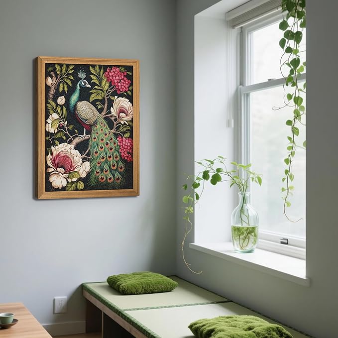 Framed Vintage 3D Textured Wall Art, Hand Drawn Sandstone Peacock Wall Decor, Modern Farmhouse Decor, Rural Botanical Floral Picture Painting Artwork for Living Room Bedroom 12x16 inch