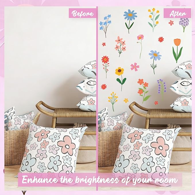 Spring Flower Wall Stickers, 8 Sheets Wildflower Wall Decals Peel and Stick Floral Wall Decor for Girls Bedroom Nursery Spring Room Decorations 90 Pcs