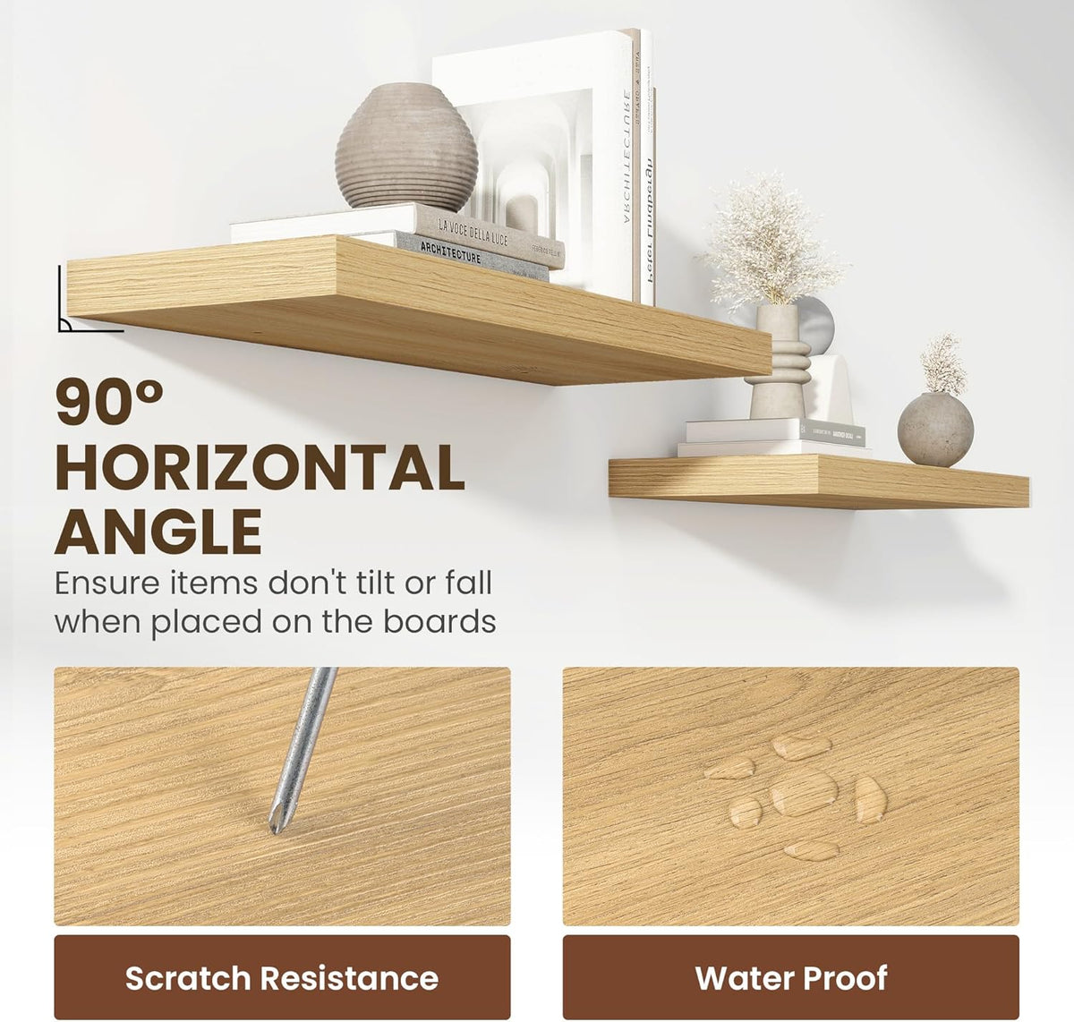 24 Inch Floating Shelves, 11.6 Inch Deep Floating Shelves for Wall, Floating Shelf with Invisible Brackets, Deep Shelves for Bathroom, Bedroom, Living Room, 2 Pack, Natural