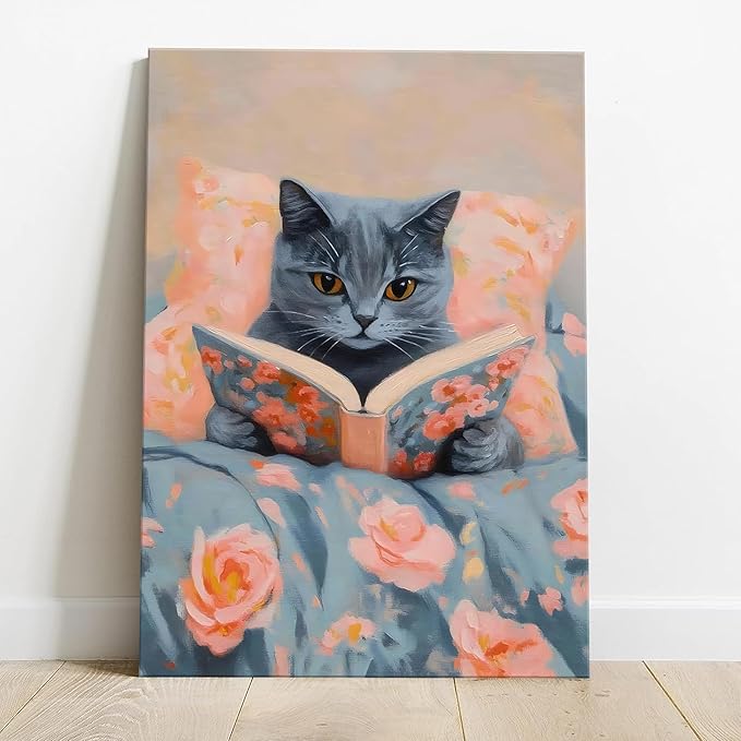 Framed Cat Reading Book Canvas Wall Art, Cute Gray Kitten Painting Print, Funny Animal Lovers Picture Wall Decor for Bedroom Living Room Kids Room Girls Room Home Decor 16x24 Inch