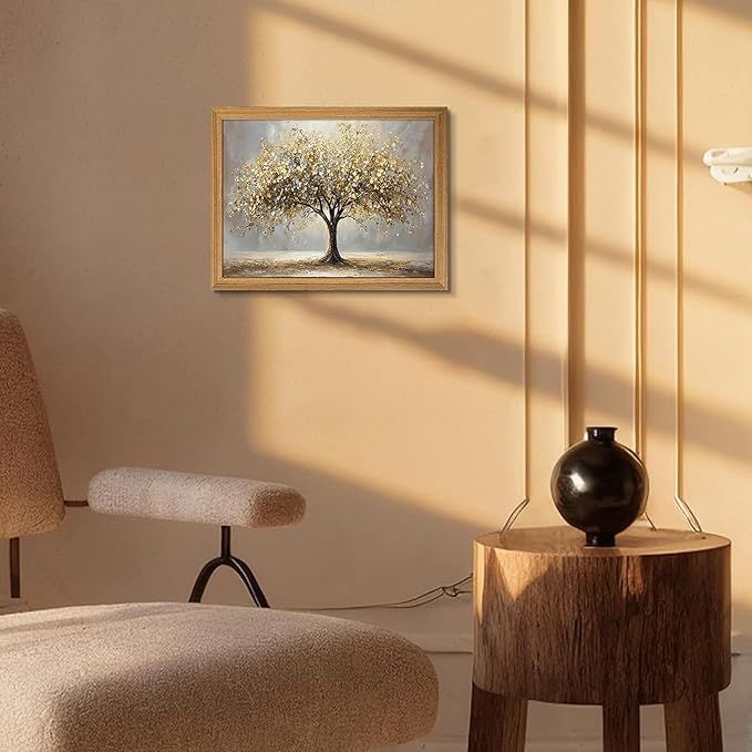 3D Textured Tree of Life Wall Art, Abstract Gold Tree Botanical Wall Decor, Modern Nature Landscape Sandstone Painting for living room Bedroom Bathroom Office 16x24 Inch Framed