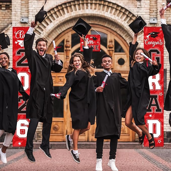 Moukeren 3 Pieces 2026 Graduation Party Decorations Graduation Porch Sign Class of 2026 Grad Hanging Porch Banner Backdrop Door Sign for Grad Party Home Door Wall Decor(Red and Black)