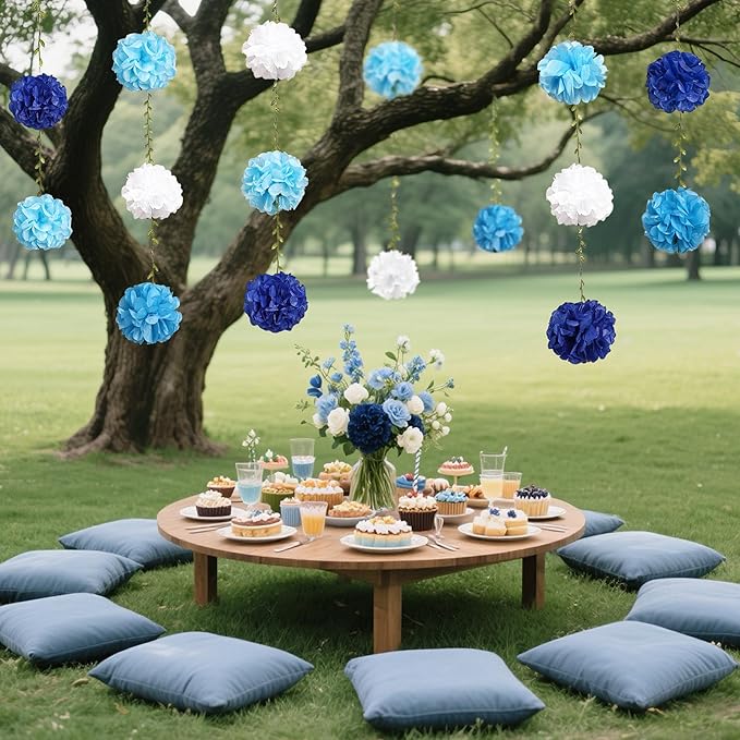 Blue White Party Decorations Ombre Blue Tissue Paper Flowers Pom Pom with Leaf Ribbon Hanging Garland Streamer for Birthday Baby Shower Wedding Under The Sea Nautical Ahoy Achor Party Supplies