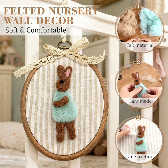 Soulchen Rabbit Nursery Wall Decor Vintage Felted Bunny Wall Art 5 x 6 Inch Cute Decorative Animal Artwork for Nursery Bathroom Living Room Baby Room Bedroom Farmhouse Decoration