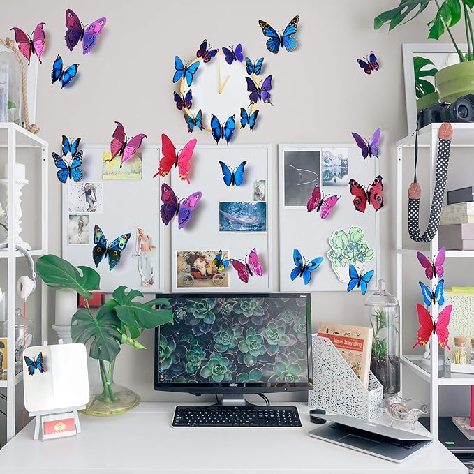 24pcs 3D Vivid Special Man-Made Lively Butterfly Wall Stickers Removable Butterflies Wall Decals 3D Nursery Art Decor for Kids Girls Bedroom Living Room Classroom Party Decoration Purple & Blue