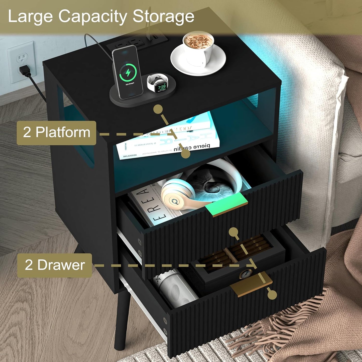 Black Nightstand with Charging Station and LED Lights,Modern Bedside Table with 2 Storage Drawer and Open Wood Shelf, for Bedroom and Small Spaces,Night Stand with Solid Wood Legs,Black