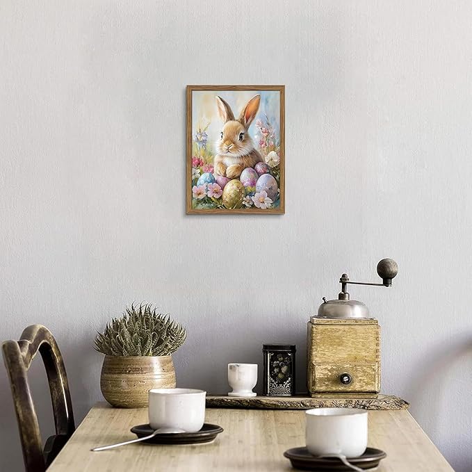 Framed Easter Bunny Wall Art, Cute Bunny with Eggs Poster Prints, Vintage Cottage Holiday Theme Canvas Artwork, Spring Atmosphere Wall Decor for Kids Room Girls Bedroom Living Room 12x16in