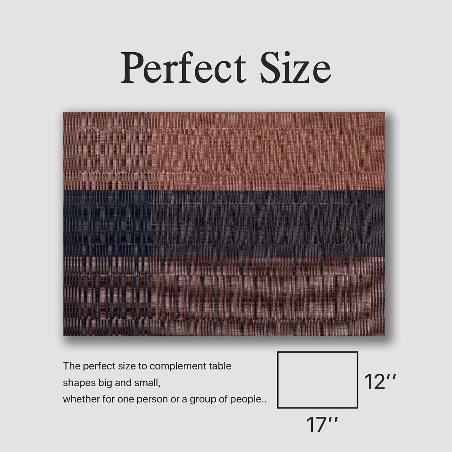 Placemats Set of 12 - Easy Clean Woven Vinyl Placemats for Dining Table, Indoor/Outdoor Place Mats, Washable PVC Table Mats (Ombre Brown Black)
