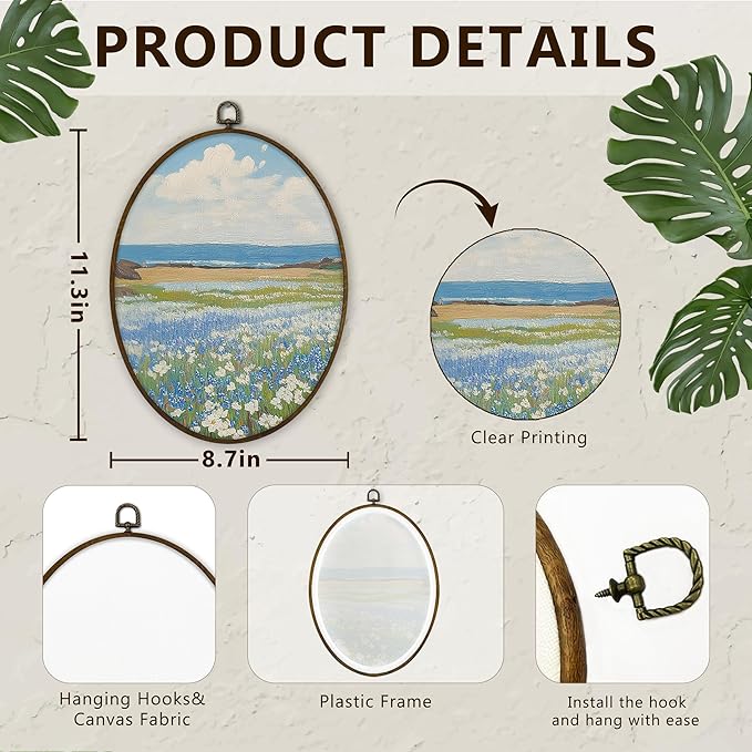 Gnmduw Wildflower Meadow Natural Field Landscape Oval Wall Art Framed, Vintage Floral Landscape Canvas Prints Hanging Decor,Rustic Nature Wall Decor for Living Room Bedroom Art Gallery, 8.7x11.3 Inch