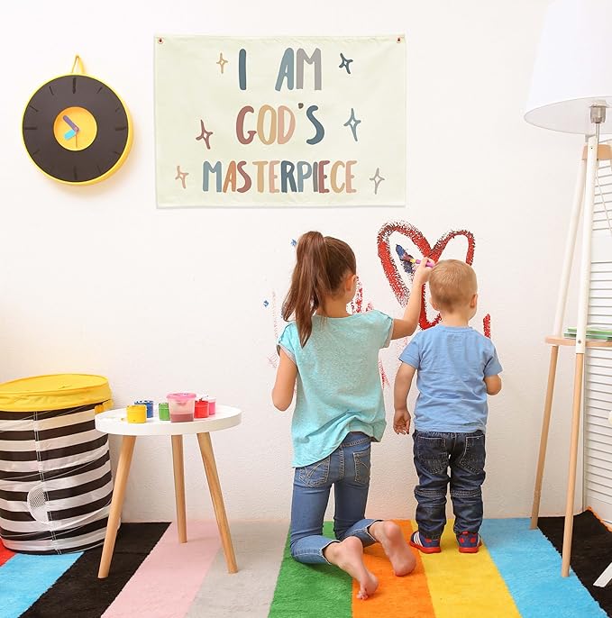 Rectangular Christian Bible Verse Scripture Canvas Banner Wall Decor Flag Sign for Baby Girl Kids,Nursery Bedroom Nursery Wall Decor,Baby Shower Baptism Christmas Gift-I Am God's Masterpiece