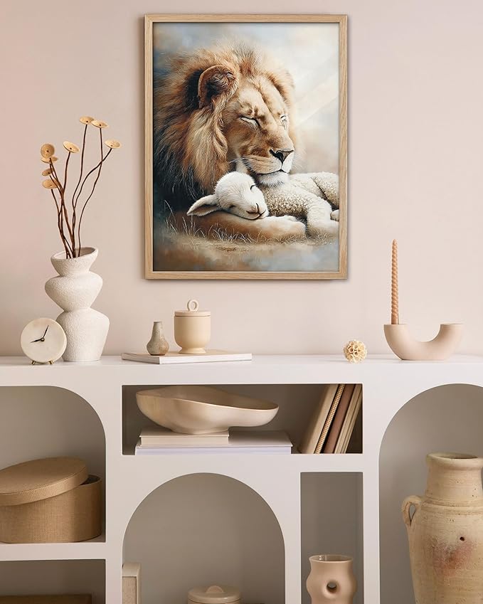 KensTro Christian Nursery Decor Framed Wall Art, 12x16 in Lion and Lamb Canvas Wall Art Prints,Christ, Jesus, God, lion of Judah, Lamb of God,Peaceful Print for Christian Boy and Girl Bedroom Set of 1