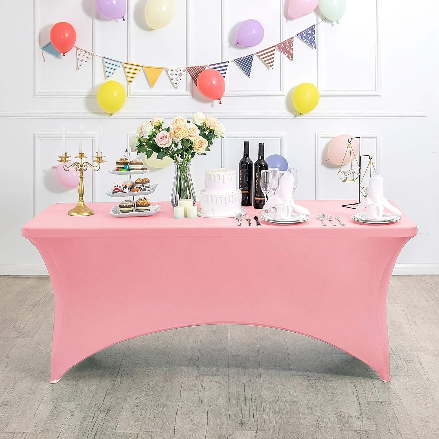 2Pack Spandex Table Cover for 8FT or 4ft or 6ft Table Universal Fitted Stretch Tablecloth for Party, Banquet, Wedding and Events-Rose Quartz