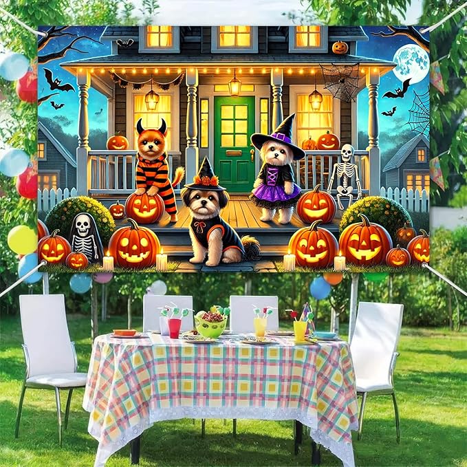 Halloween Dog Backdrop Banner Spooky Puppy Costume with Pumpkins Skeleton Witch Porch Decoration Party Photo Booth Background Scene 71×43 Inch