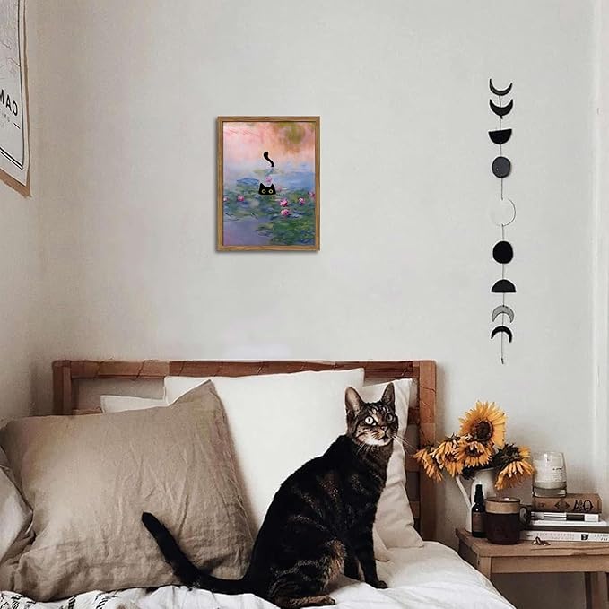 Vintage Framed Cat Canvas Wall Art Monet Print, Funny Black Cat in Water Lilies Poster, Monet Office Wall Decor, Floral Oil Painting Picture Artwork for Living Room Bathroom Aesthetic – 8x10 inch