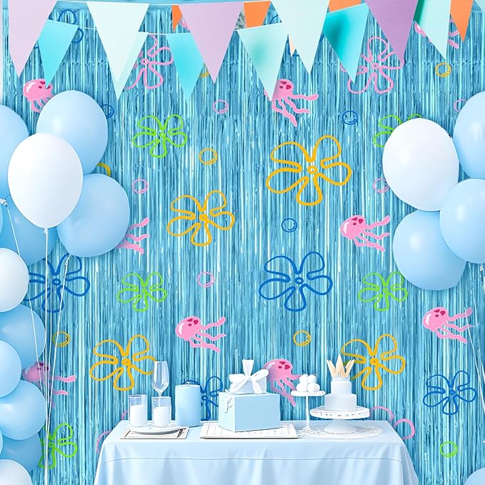 4 Pack Cartoon Sponge Theme Party Decorations 3.2ft X 8.2ft Under the Sea Party Supplies Flowers Bubbles Jellyfish Foil Fringe Photo Backdrop Decor for Birthday Sponge Party Photo Props