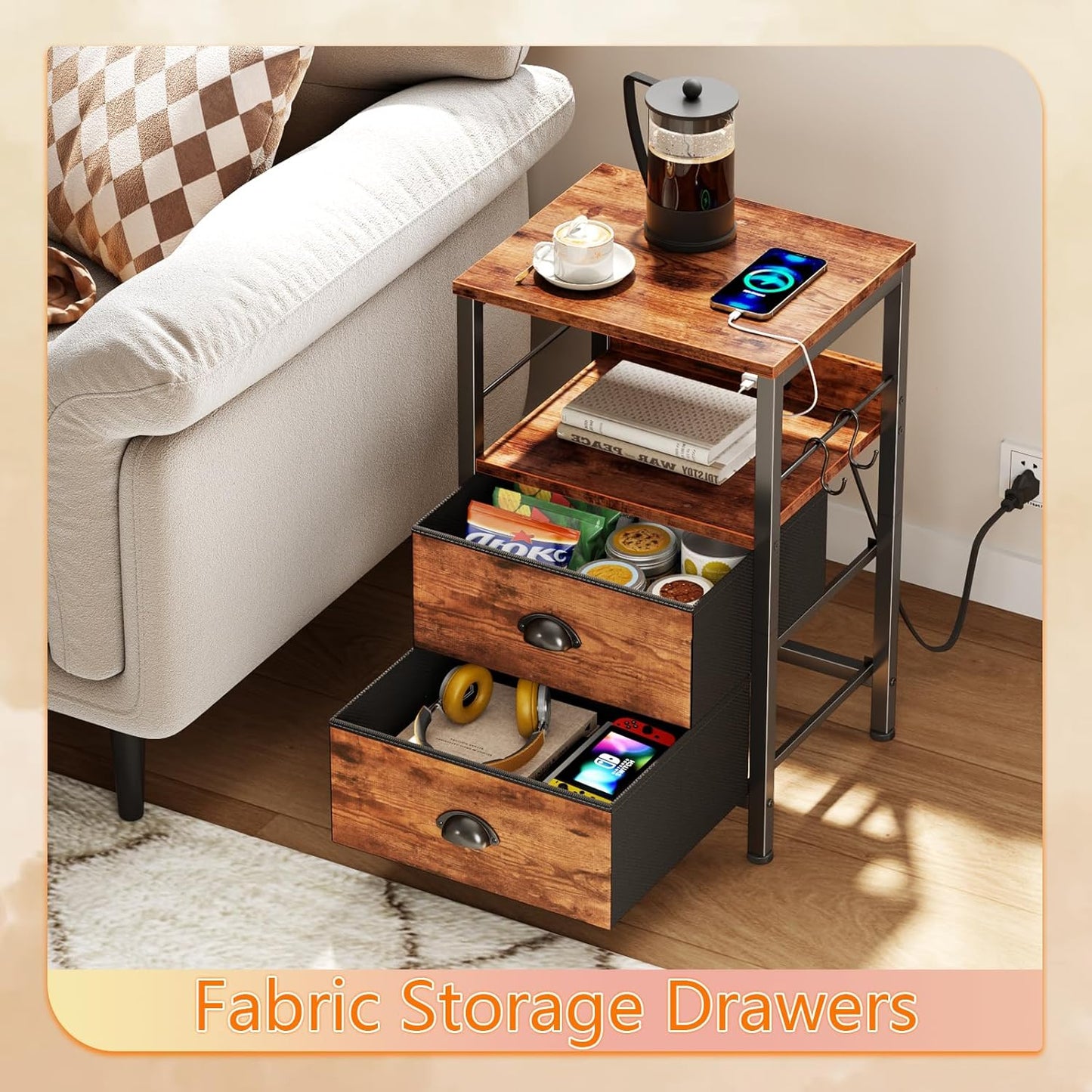 Furologee Nightstand Set of 2, Rustic Brown, with Charging Station and USB Ports, Side Tables with 2 Fabric Drawers, Bedside Tables with Storage Shelf & Hooks, for Living Room/Bedroom