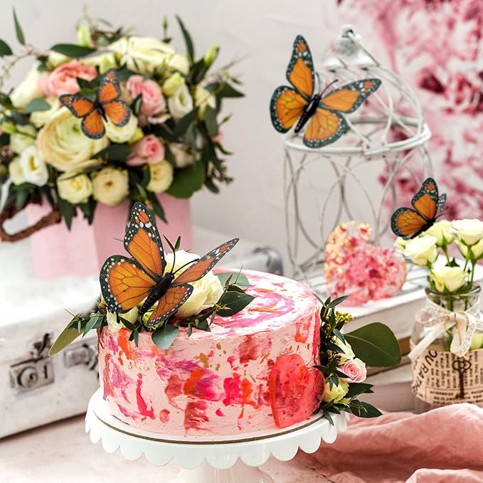 Chuangdi 48 Orange Monarch Butterfly Decorations 3 Size Fake Butterflies Realistic Butterfly Craft Artificial Mariposas Wall Decor for Craft Wedding Home Birthday Party (3.2inch,4inch,4.7inch)