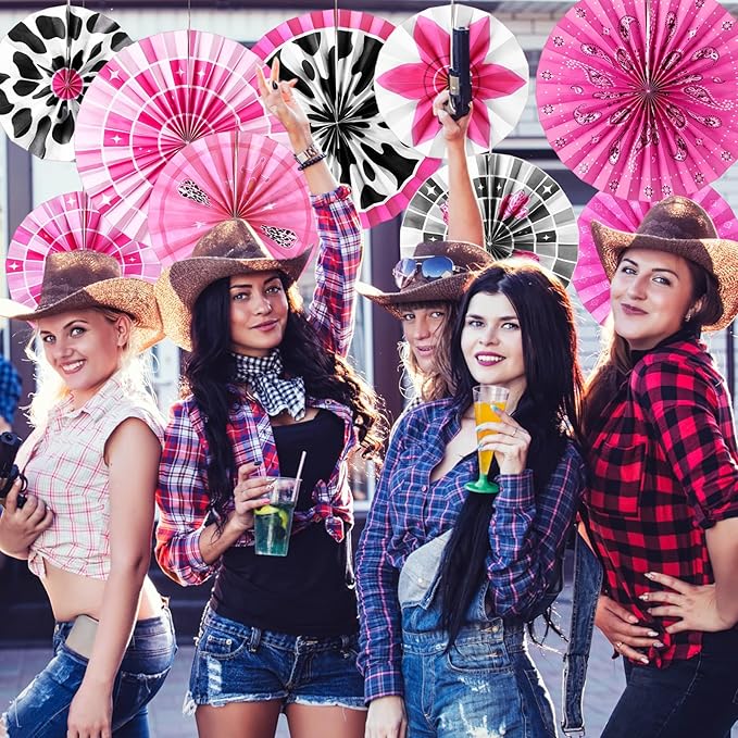 Outus 9 Pcs Disco Cowgirl Party Decorations Paper Fans Western Cowgirl Birthday Decorations Pink Disco Cow Girl Boot Hat Hanging Ceiling Decor for Last Rodeo Cow Girls Bachelorette Party Supplies