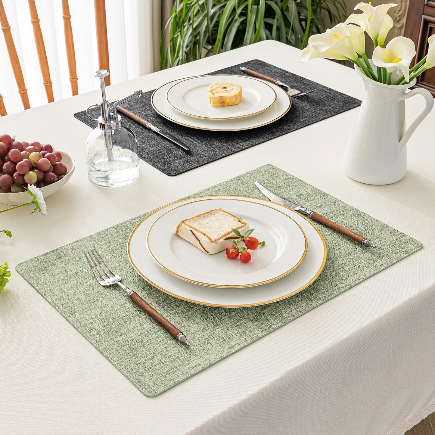 Romanstile Reversible Vinyl Placemats Set of 8, Faux Leather 100% Waterproof Oil-Proof Wipeable Place Mats, Heat Resistant Dual Sided Table Mats for Kitchen/Dining/Party (Grey Green, 12 x 17 Inch)