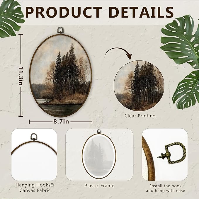 Gnmduw Moody Landscape Oval Wall Art Framed, Rustic Neutral Farmhouse Canvas Prints Hanging Decor,Antique Fall Forest River Landscape Wall Decor for Bedroom Living Room Home, 8.7x11.3 Inch