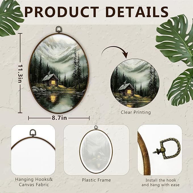 Gnmduw Lakeside Cabin Forest Landscape Oval Wall Art Framed, Vintae Cottage Canvas Prints Hanging Decor Decorations, Rustic Farmhouse Wall Decor for Home Bedroom Living Room, 8.7x11.3 Inch