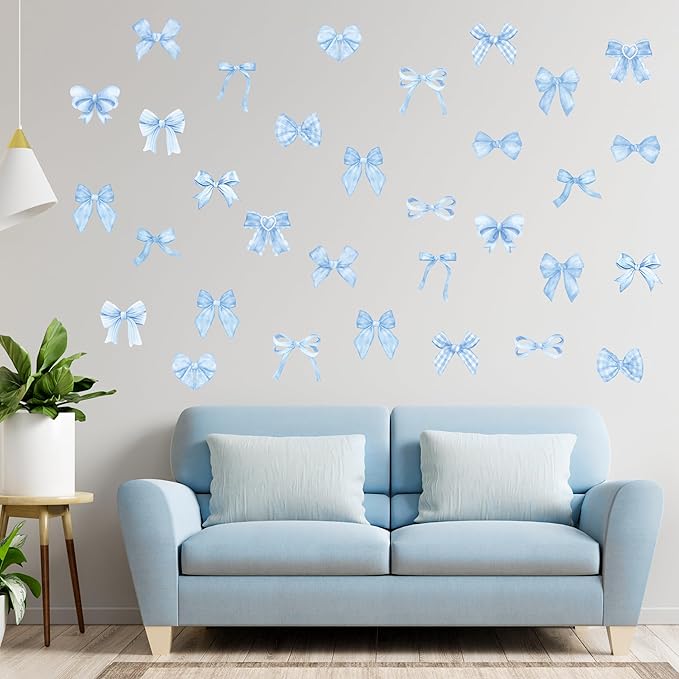 A1diee Blue Bow Wall Stickers - 60Pcs Trendy Light Blue Watercolor Coquette Aesthetic Wall Stickers Bow Knot Baby Room Decor Vinyl Decals Art Wallpaper for Boys Girls Bedroom Kindergarten Nursery