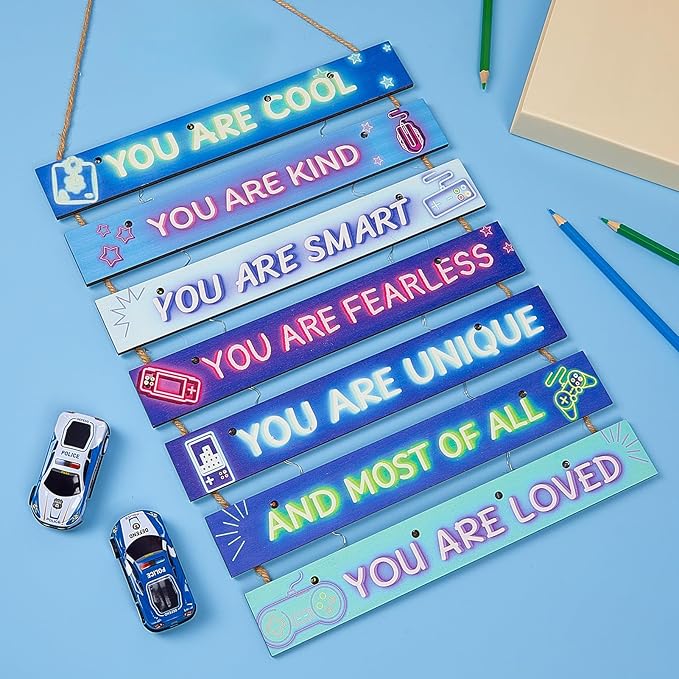 FIOBEE Girls Room Décor for Teen Girls Boys with LED Light Wall Decor for Bedroom Motivational Inspirational Wall Art Girl Room Decoration for Kids Studyroom, 8 Kinds of Lights, Blue Game