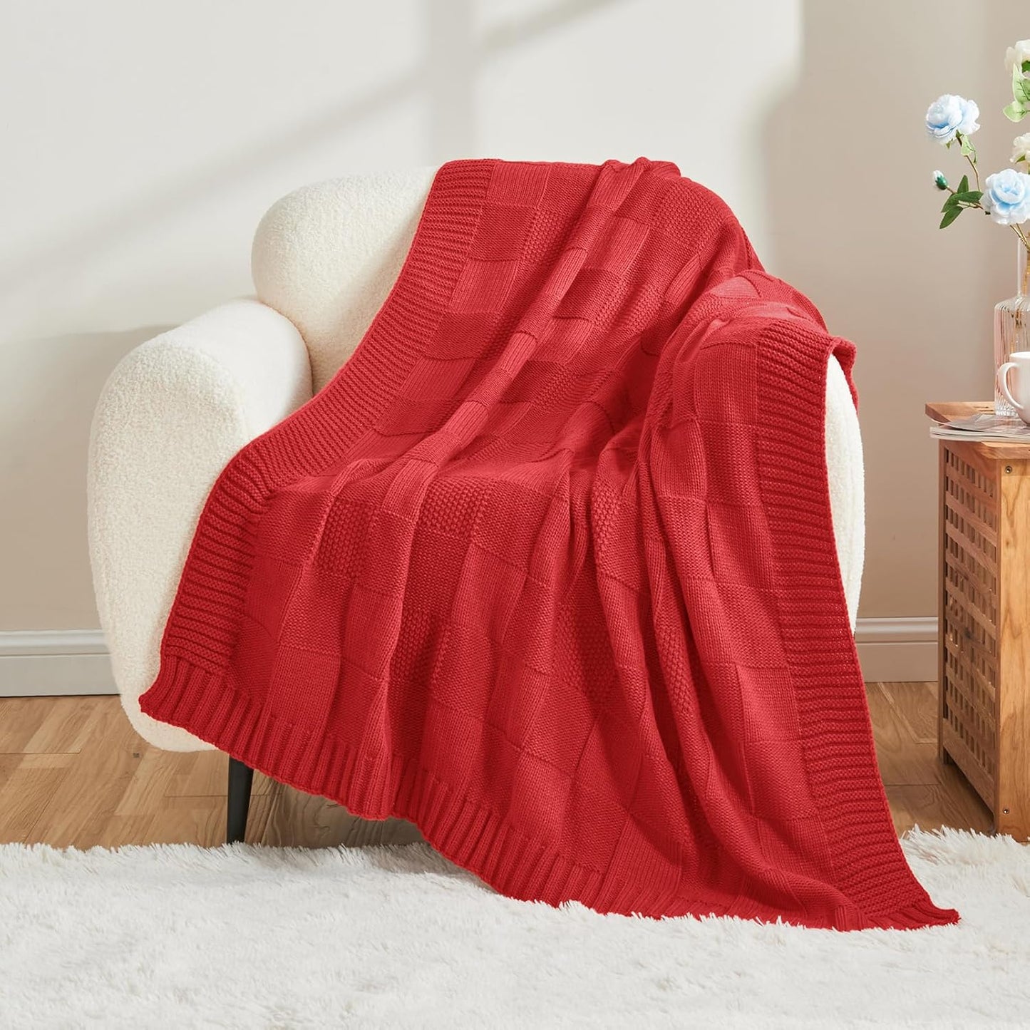 CozeCube Knit Throw Blanket,Christmas Red Checkered Bedroom Blanket for Couch,Soft Cozy Warm Knitted Blanket for Bed Sofa Living Room,Decorative Spring Fall Throw Blanket 60"X80",Christmas Red