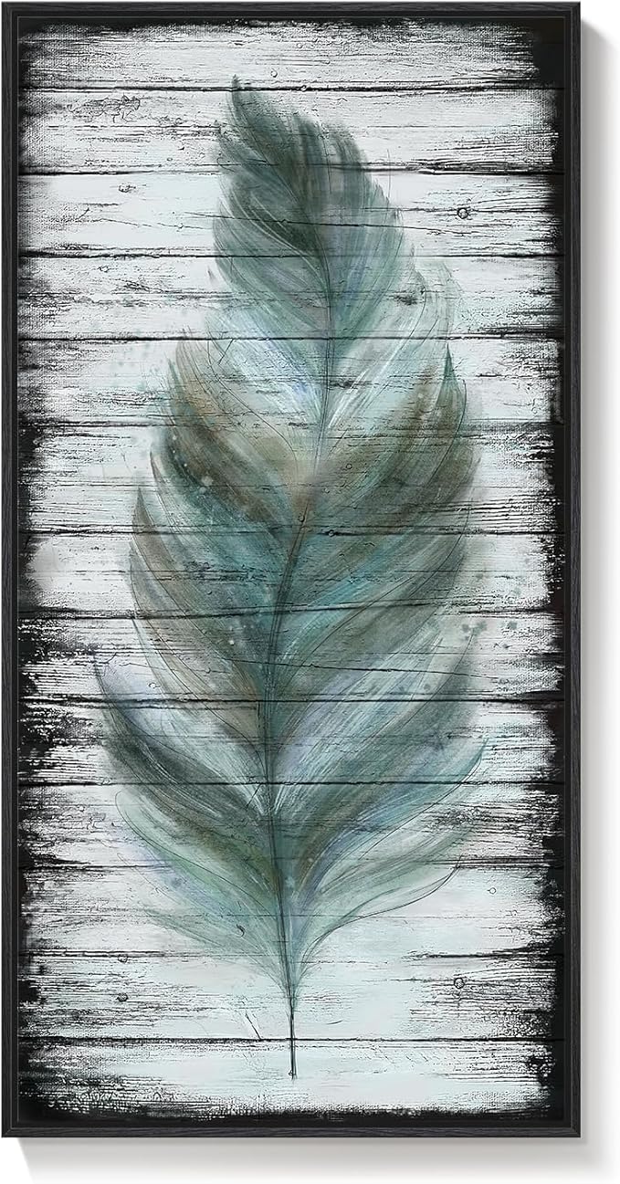 Framed Vertical Feather Living Room Wall Art, Large Vintage Black and Teal Canvas Artwork for Walls, Farmhouse Rustic Feather Painting Print for Office Kitchen Foyer Stair Wall Decor, 20x40 Inch